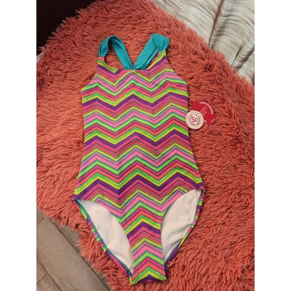 Girls So Kohls Vibrant Neon Chevron Print One Piece UV Protection Swimsuit Sz 10